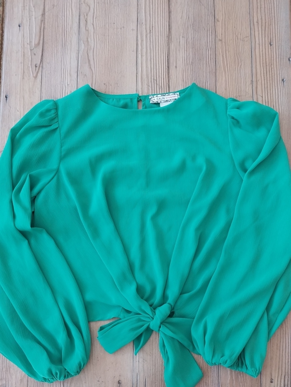 Tie-Front Emerald Green Blouse with Balloon Sleeves - A. Calin By Flying Tomato